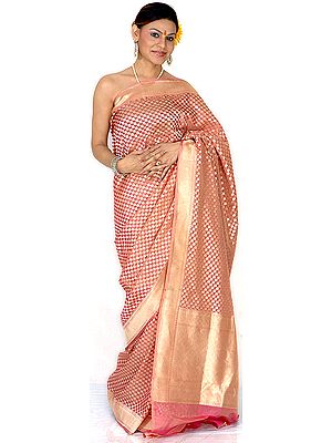 Salmon Banarasi Wedding Sari with All-Over Golden Bootis