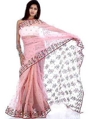 Salmon-Pink Chanderi Sari with Multi-Color Bootis