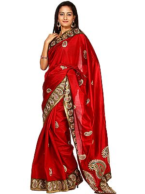 Garnet-Red Banarasi Sari with Zardozi Embroidered Paisleys All-Over