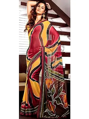Multi-Color Designer Sari with Printed Flowers on Aanchal and Patch Border