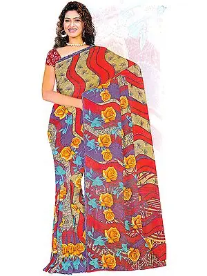Multi-Color Floral Printed Sari with Beadwork
