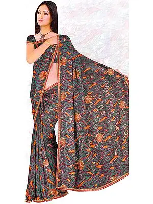 Green Printed Shimmer Sari with Embroidered Flowers