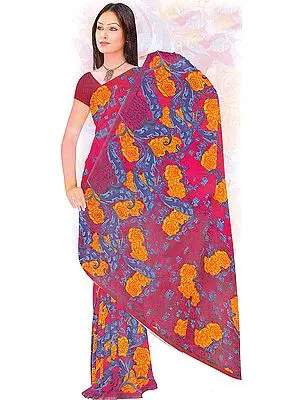 Purple and Blue Floral Printed Sari with Beadwork