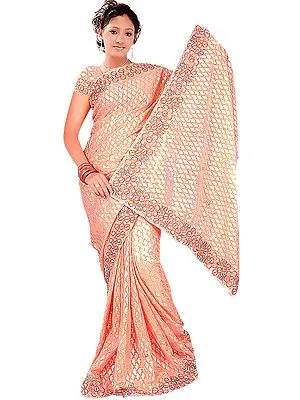 Salmon Shimmer Sari with Printed Paisleys Embroidered Sequins