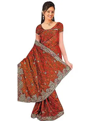 Copper-Brown Shimmer Printed Sari with Embroidered Flowers on Border