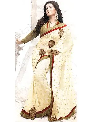Ivory Wedding Sari with All-Over Golden Bootis and Khaki Patch Border