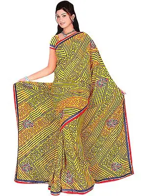 Mustard Bandhani Printed Sari with Embroidered Flowers and Patch Border