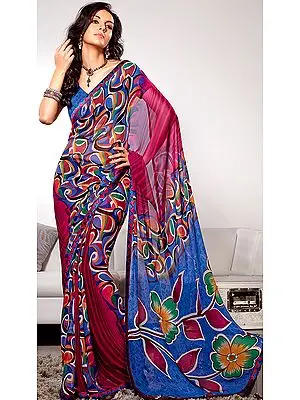 Multi-Color Designer Sari with Floral Print on Aanchal and Patch Border
