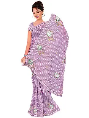 Amethyst Leheria Sari with Crewel Embroidered Flowers