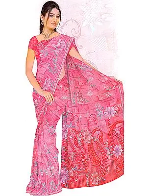 Coral Floral-Printed Sari with Aari Embroidery