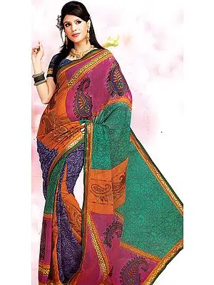 Multi-Color Printed Designer Sari with Patch Border