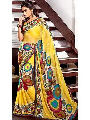 Yellow Printed Designer Sari with Patch Border