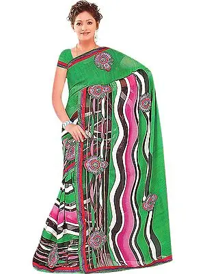 Green and Mauve Printed Sari with Large Embroidered Bootis