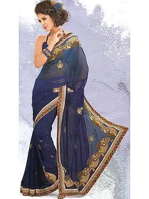Navy-Blue Wedding Sari with Embroidered Paisleys on Border
