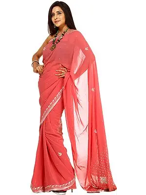 Deep-Sea Coral Suryani Sari from Mysore with Embroidered Leaves and Sequins