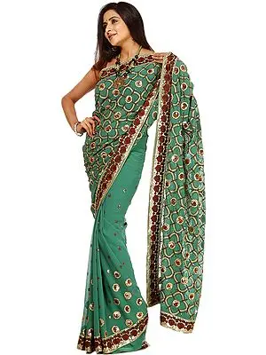 Green Sari with Heavy Floral Embroidery