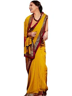Plain Mustard Designer Sari with Patch Brocaded Border