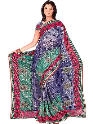 Tri-Color Printed Shimmering Sari with Crewel Embroidered Bootis and Patch Border