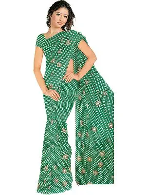 Light-Green Sari with Printed Polka Dots and Embroidered Bootis