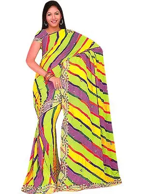 Tri-Color Rainbow Sari with Embroidered Sequins on Border