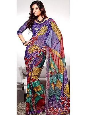 Multi-Color Sari with Printed Flowers and Patch Border