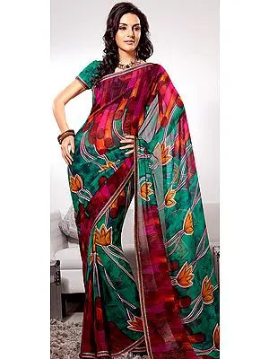 Magenta and Green Printed Designer Sari with Patch Border