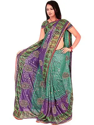 Green and Purple Printed Shimmering Sari with Crewel Embroidered Bootis and Patch Border