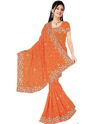 Amber Bandhani Printed Sari with Floral Embroidery on Edges