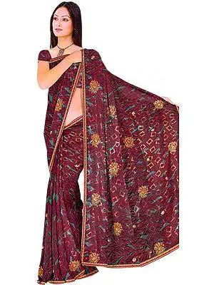 Red and Blue Printed Shimmering Sari with Crewel Embroidered Bootis