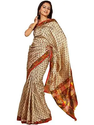 Beige Banarasi Sari with Printed Flowers