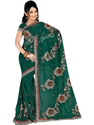 Deep-Green Sari with Large Embroidered Flowers and Metallic Thread Embroidery