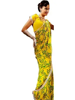 Yellow and Green Printed Sari with Mokaish Work