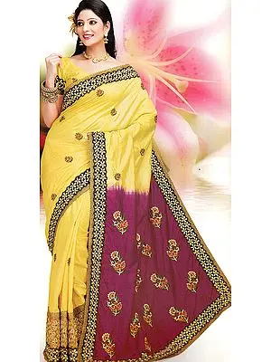 Yellow and Magenta Wedding Sari with Aari Embroidered Flowers