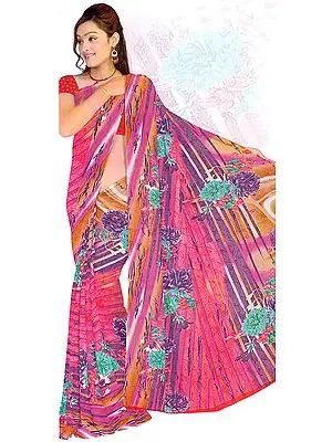 Pink and Violet Sari with Printed Flowers and Embrodiered Bootis