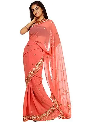 Shell-Pink Sari with Aari Embroidered Flowers
