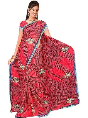 Lollipop -Red Bandhani Printed Sari with Embroidered Flowers and Patch Border