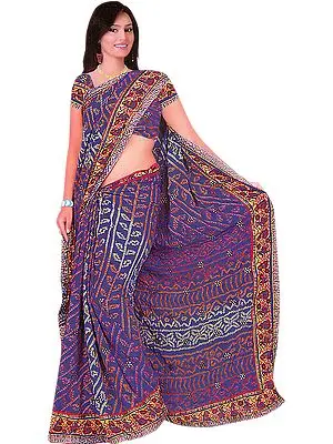 Clematis-Blue Printed Bandhani Sari with Dandiya Dance on Border