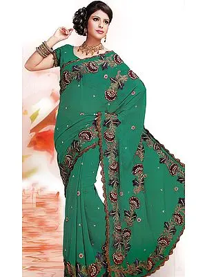 Cadmium-Green Wedding Sari with Aari Embroidered Flowers All-Over