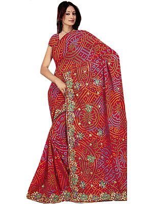 Scarlet-Red Chunri Printed Sari with Crewel Embroidered Flowers