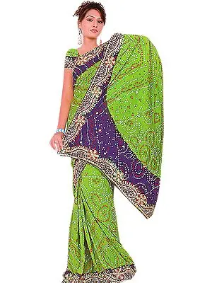 Green and Deep-Blue Bandhani Printed Sari with Embroidered Flowers