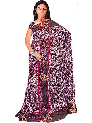 Black and Purple Shimmer Sari with Velvet Applique Paiselys