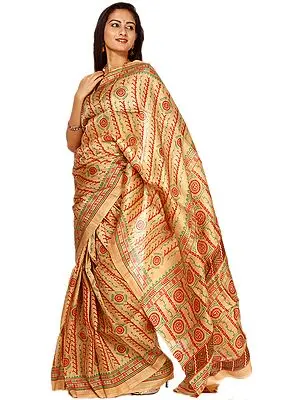 Beige Block Printed Folk Sari from Kolkata