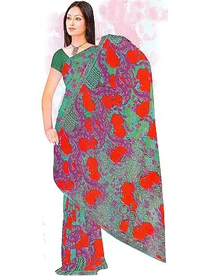 Deep-Blue and Green Designer Sari with Large Printed Roses and Embroidered Flowers