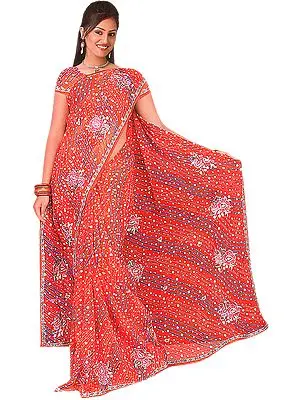 Orange Leheria Sari with Printed Polka Dots and Aari Embroidered Flowers