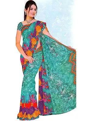 Teal-Green Floral Printed Sari with Bead Work and White Strikes