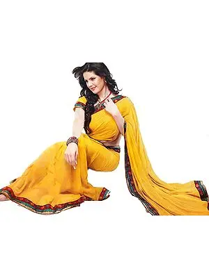 Plain Mustard Designer Sari with Patch Floral Border and Woven Gold Stripes