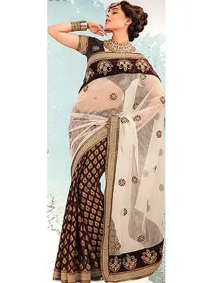 Cordovan Wedding Sari with Velvet Patch Border and Brocade Weave