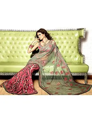 Pink and Camouflage-Green Designer Sari with Aari Embroidery and Sequins