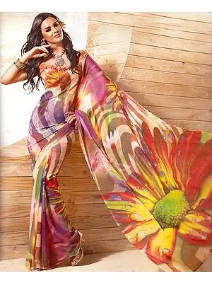 Multi-Color Printed Sari with Floral Anchal