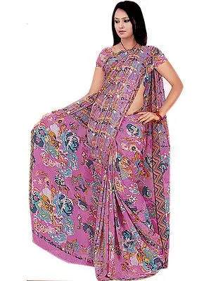 Pink Sari with Random Print and Embrodiered Sequins